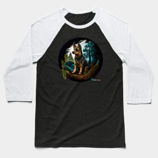 Decisive Looking Dog in a Forest Diorama Baseball T-Shirt